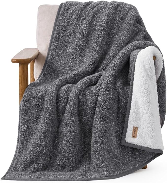 BEARPAW Sherpa Throw Blanket - Ultra Soft Plush Warm Reversible Fluffy Blanket for Bed Couch Sofa & Living Room Decor, House Decor, Room Decor Gifts for Women - 50"x70", Gray (Valley) (Gray)