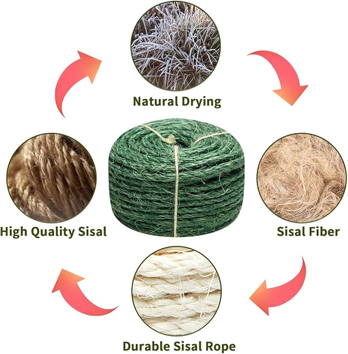 Green Sisal Rope 1/4 Inch by 65-Feet for Cat Scratching Post Tree Tower Replacement Repair and Replace, DIY Hemp Twine Rope for Kittens Shelves Scratch Mat Window Bed Perch Climbing, 6mm by 20m