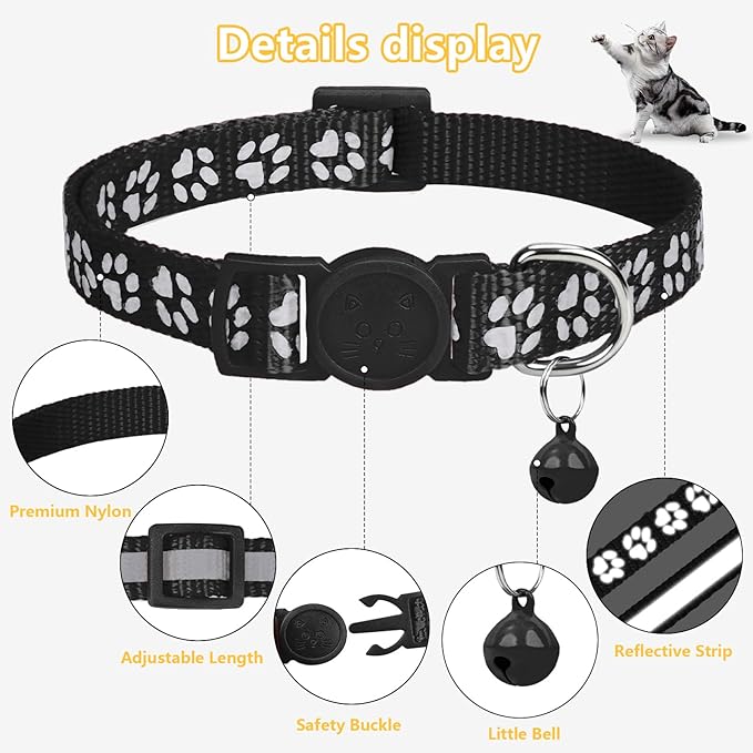 Taglory Kitten Collar Breakaway with Bell, Reflective Soft Cat Collar for Small Kittens, Adjustable 6-8 Inch High Visibility Night Strip, Lightweight for 2-6 Months Baby Cats, 2 Pack, Black
