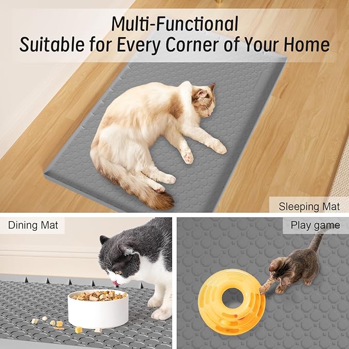 Silicone Large Cat Litter Mat 34" X 22", Cat Mat for Litter Box, Cats Litter Trapping Mats with Raised Edges, Non-Slip and Urine Waterproof Surface, Gray