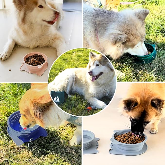 RUNROLE 2-in-1 Collapsible Silicone Dog Travel Bowls, Slot Together and Use Separately, Portable Pet Food Water Bowls, Foldable Cat Feeding Watering Dishes, 20OZ+27OZ(Purple)