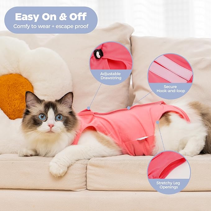 Avont Cat Recovery Suit Female Kitten After Spay Surgery, Breathable Modal Cotton Cat Onesie for Wound & Skin Disease Care, Machine Washable -Rosepink(L)