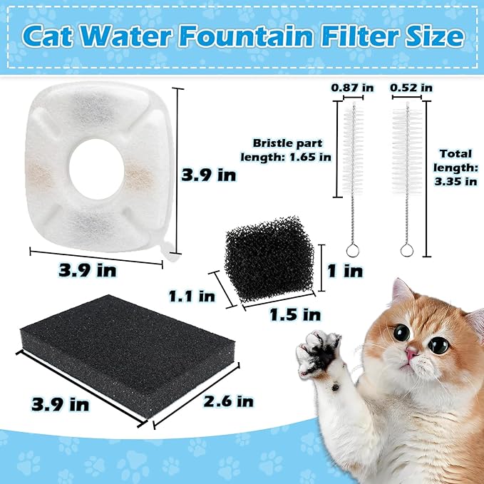 KAEGREEL 39 Pcs Cat Water Fountain Filters for Veken 95oz/2.8L, 67oz/2L, 135oz/4L Cat Dog Fountain Automatic Pet Fountain Dog Water Dispenser, Pet Fountain Filter & Pre-Filter Sponges & Cleaning Set