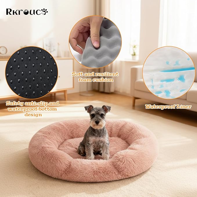 Fluffy Dog Bed Calming Donut Beds for Large Dogs Warming Round Small Medium Pet Nest Cozy Cat Mattress Indoor Washable Puppy Kennel Kittens Sleep Mat (S, 23.6×23.6 inch, Fresh Pink)