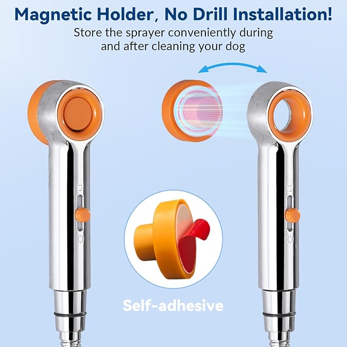 Dog Shower Attachment, 3 Mode Handheld Sprayer with ON/OFF Switch, G1/2" Metal Diverter, 100 Inches Stainless Steel Hose, No Drill Holder, for Pet and Dog Washing in Bathroom