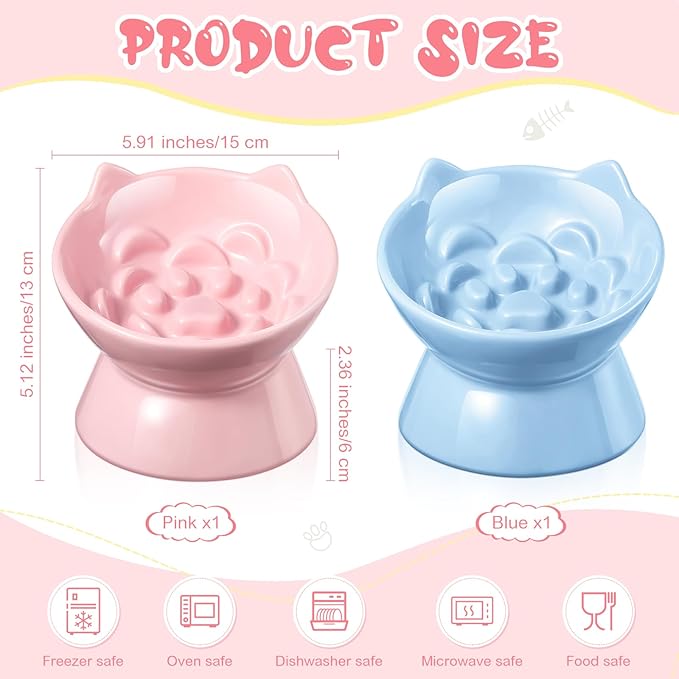 2 Pcs Ceramic Elevated Slow Feeder Cat Bowl Cute Tilted Anti Vomiting Raised Cat Bowl for Dry Wet Food and Water Easy to Clean High Edge Pet for Small Dogs(Pink, Blue)