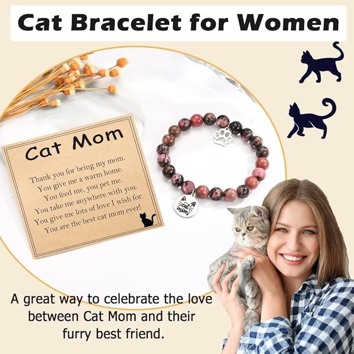 Cat Mom Gifts: Beaded Bracelet Paw Print for Women, Cat Lovers - Birthday, Christmas, Valentine's, New Year