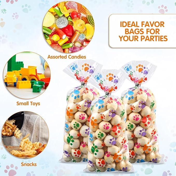 Blulu 200 Pcs Dog Treat Bags Pet Paw Cellophane Bags Dog Party Favor Heat Sealable Treat Paw Gift Cat Candy Bag with 200 Pcs Silver Twist Ties for Pet Party Favors(Colorful)