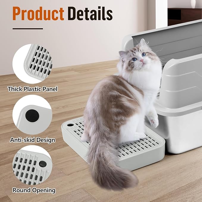 Kalolary Cat Litter Box Ramp with Filter Layer – Non-Slip Steps for Litter Box, Ideal for Small and Senior Cats, Litter Catcher Pedal, Durable, Easy to Clean (Light Grey Flat)