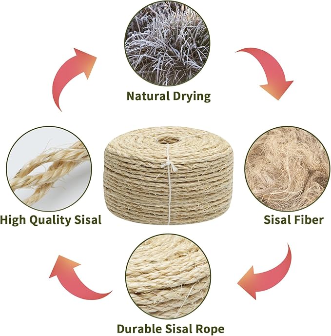 4mm Natural Sisal Rope - 164-Ft, Cat Scratcher Repair & DIY Cat Tree, Wide Application, Length Choices