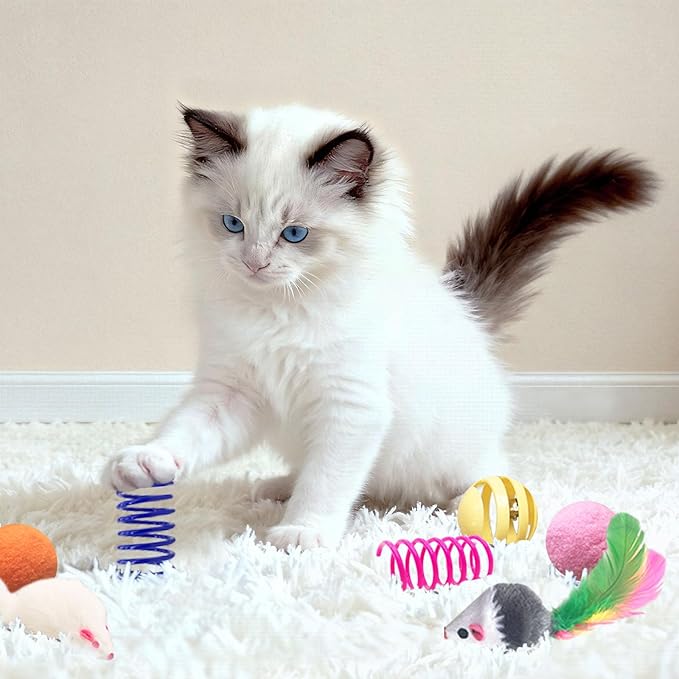 AGYM Cat Toys for Indoor Cats, 35 Packs Interactive Cat Toys Set with Colorful Springs, Mouse Cat Toy, Crinkle, Sisal, Pompom and Color Bell Balls for Kittens