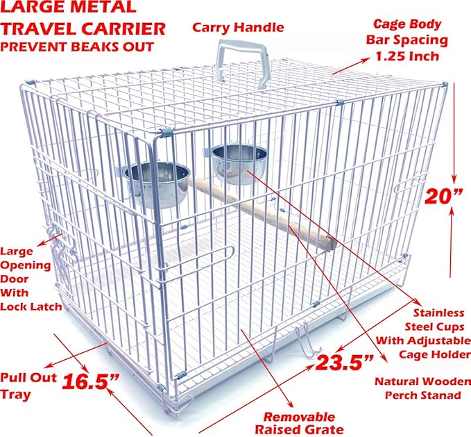 Large Easy Collapsible Travel Vet Bird Parrot Carrier Metal Cage Bar Spacing 1.25-Inch Prevent Your Parrot Bird Beaks Out with Stainless Feeder Cups Natural Wooden Perch