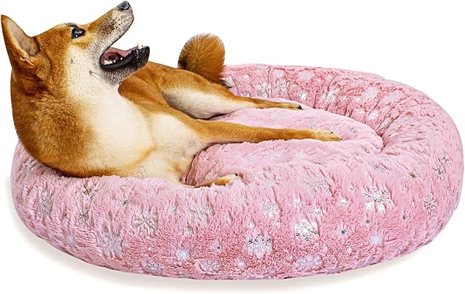 31 Inch Christmas Snowflakes Calming Dog Bed for Medium Dogs, Round Anti-Anxiety Warm Bed, Soft Cozy Anti-Slip Donut Washable Pet Bed, Fits up to 50 lbs Pets