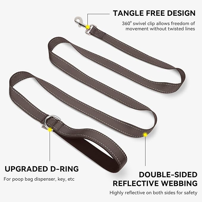 Joytale Double-Sided Reflective Dog Leash, 6 FT/5 FT/4 FT, Padded Handle Nylon Heavy Duty Leashes for Medium & Large Dogs Walking, Brown, 6FT