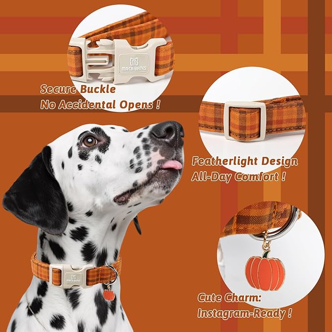 Maca Bates Fall Plaid Basic Dog Collar,Pumpkin Charm,Extra Large Girl,Boy,Autumn Brown Gingham Puppy Collars Halloween Checkered Print,Adjustable Durable Soft for Male Female Dogs with Safety Buckle