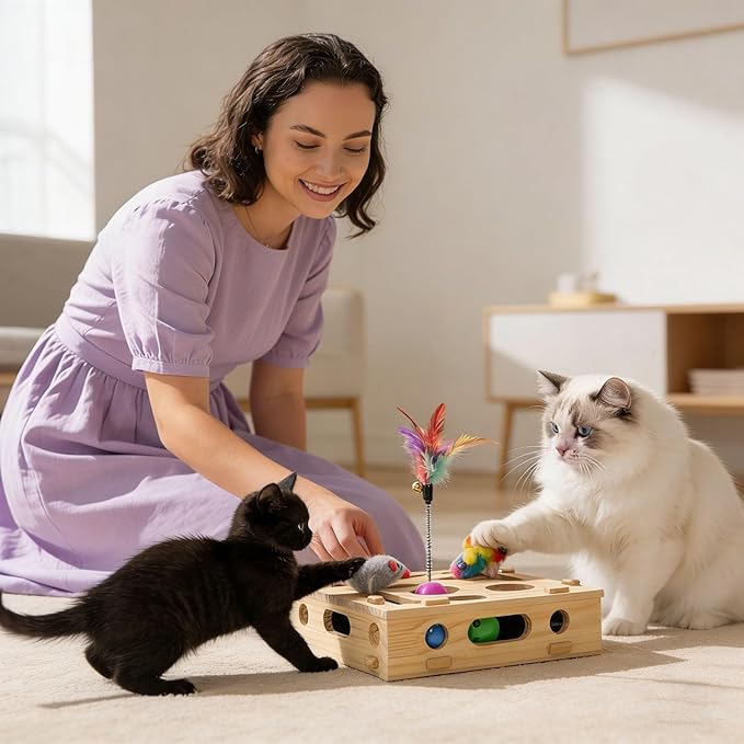 Cat Nail File Enrichment Box - Cat Scratch Puzzle with Bell Ball & Sandpaper, Stress-Free Alternative to Cat Nail Clipper, Cat Nail File Toy for Claw Care (A- Detachable)