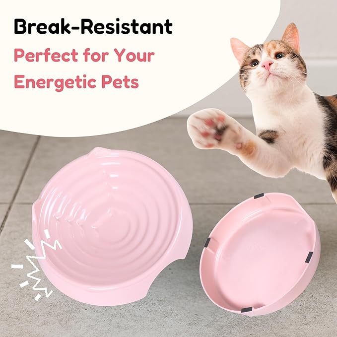 2 Pcs Whisker-Friendly Cat Food Bowl, Melamine Shallow & Wide Cat Bowl for Indoor Cats,Relieves Whisker Fatigue,Non-Slip Cat Dish for Wet and Dry Food (Pink*2, 6.3")