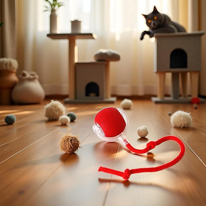 Interactive Dog Cat Toy Ball, Electric Automatic Rolling Moving USB Rechargeable Self Activated Stimulation Cat Toys for Indoor Cats and Dogs with Speedy Tail Rope(red).
