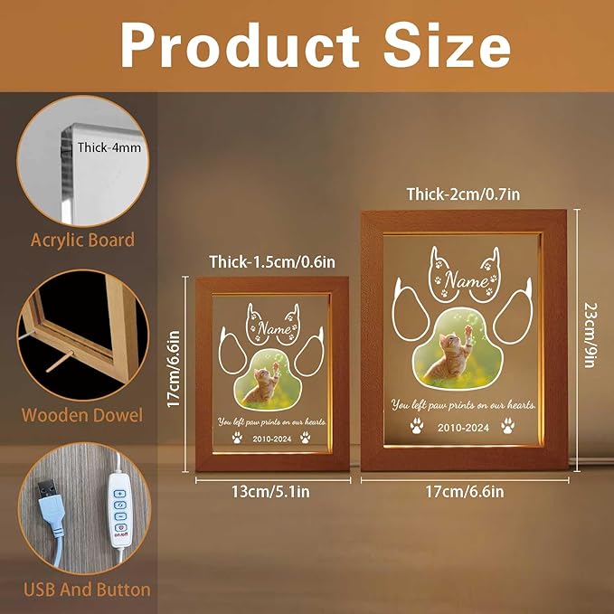Personalized Cat Memorial Gift Night Light Customized Light Up Picture Frame Acrylic Led Plaque Lamp Pet Sympathy Remembrance Gift(Cat)
