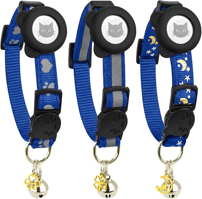 Cat Collar with AirTag Holders, 3-Pack, Reflective Breakaway Safety Collars, Bells and Matching Charms, Adjustable, Paw Hearts, Moon Stars Design, Lucky Charm, Blue