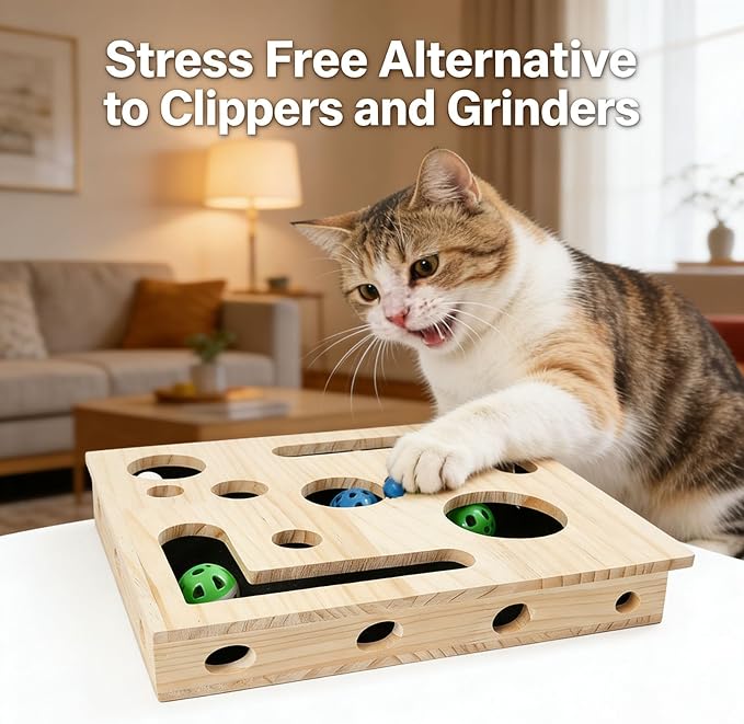 Cat Nail File Enrichment Box - Cat Scratch Puzzle with Bell Ball & Sandpaper, Stress-Free Alternative to Cat Nail Clipper, Cat Nail File Toy for Claw Care (B - Cannot be Disassembled)