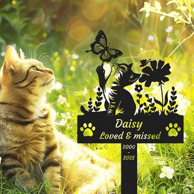 Custom Butterfly Cat Memorial Grave Marker, Personalized Flowers Cat Memorial Stake Metal Pet Name Memorial Plaque with Paws, Customized Pet Grave Marker Cemetery Grave Plaque for Cat Owner