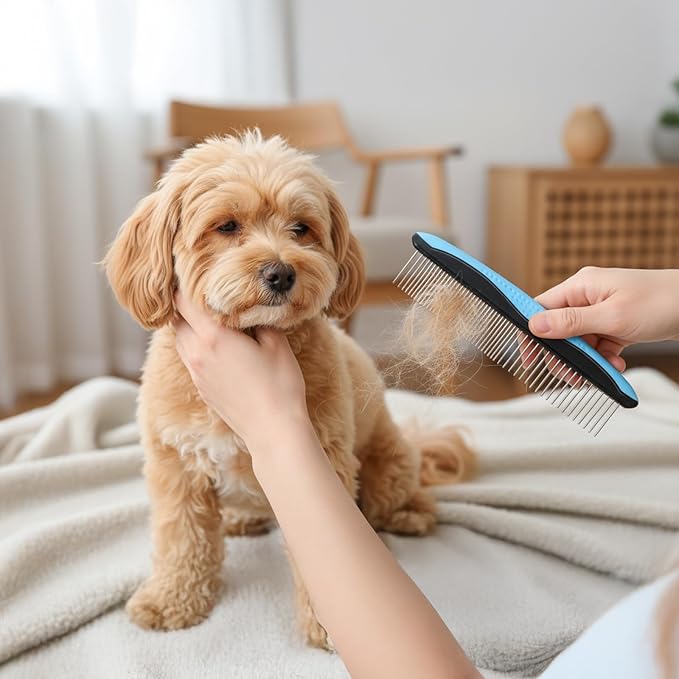 Metal Dog Comb, Stainless Steel Teeth Dematting Comb for Dogs Cats, Dog Grooming Combs, Pet Hair Combs for Removing Knots Mats Tangles Home Grooming Tool