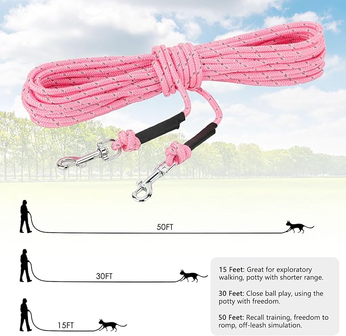 Rypet Reflective Cat Long Leash - 30 FT Escape Proof Walking Leads Yard Long Leashes Durable Safe Personalized Extender Leash Traning Play Outdoor for Kitten, Puppy, Rabbit and Small Animals(Pink-M)