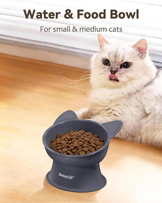 MateeyLife Raised Cat Bowls, Cat Food Bowl Elevated for Kittens & Small Dogs, 15°Tilted Protect Pets' Neck and Anti Vomiting, Whisker Friendly Food & Water Feeding Bowl, 6 oz Each - Gray