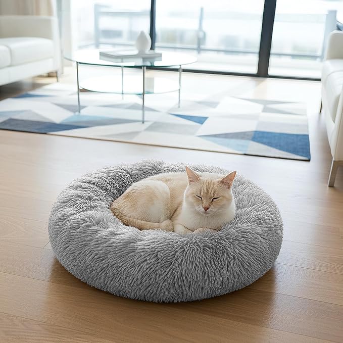 PetAmi Calming Dog Bed for Small & Medium Dogs and Cats, 23 Round Donut Dog Bed, Washable Fluffy Faux Fur Puppy & Cat Bed, Anti-Anxiety Plush Cuddler Pet Bed with Anti-Slip Bottom - Light Gray