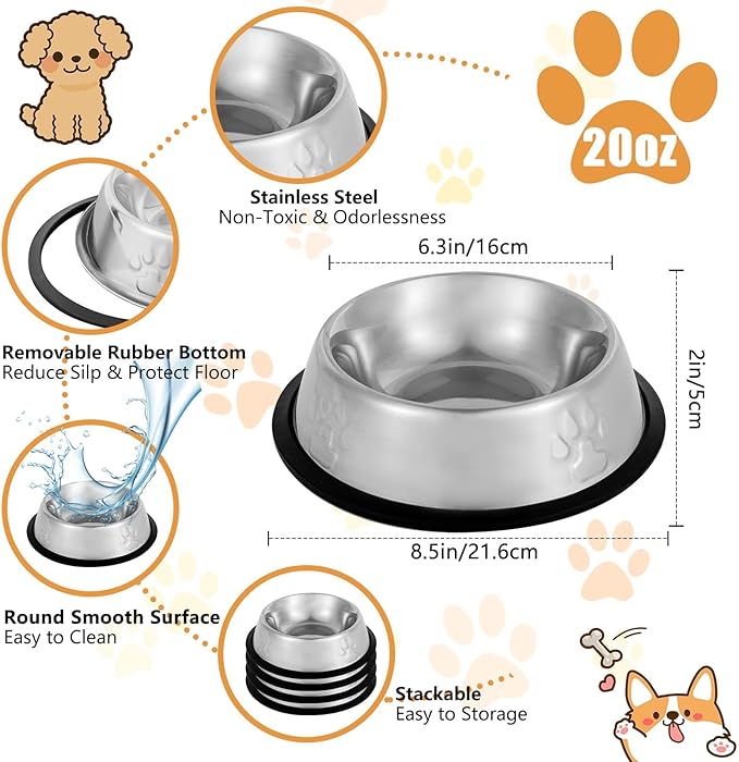 Stainless Steel Dog Bowl, 4 Pack Metal Cat Bowls for Food and Water, Non-Slip Pet Feeding Dish Bowl with Rubber Base for Cats Puppy Small Medium Dogs