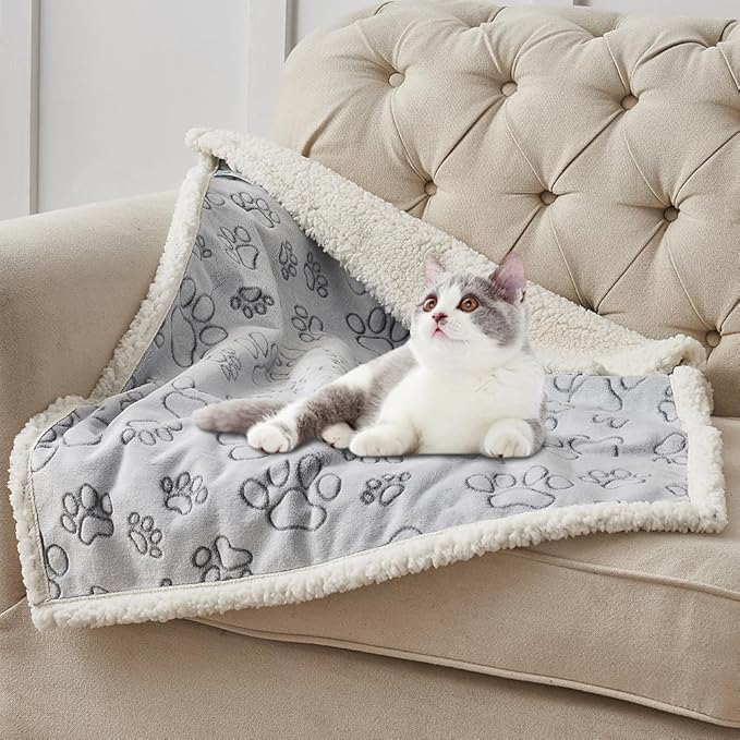 Qeils Dog & Cat Blankets - Waterproof Washable - Sherpa, Plus Plush Reversible, 25"X30", Grey Paw Print