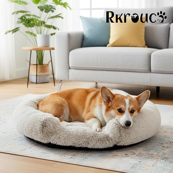 Fluffy Dog Bed Calming Donut Beds for Large Dogs Warming Round Small Medium Pet Nest Cozy Cat Mattress Indoor Washable Puppy Kennel Kittens Sleep Mat (M, 27.5×27.5 inch, Gradient Gray)