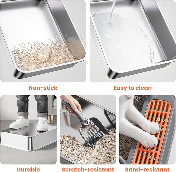 Stainless Steel Cat Litter Box, Metal Kitty Litter Box Includes Litter Mat & Scoop, Easy Cleaning Anti-Scratch Kitty Cat Box Anti-Urine Leakage, Non-Sticky, Perfect for Small Cats, Grey