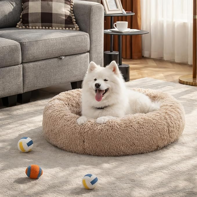 Dog & Cat Bed for Indoor Cats, 37in Calming Donut Pillow mat for Puppy and Kitten, Washable Cooling Round Fluffy Pet Nest for Small Medium Dogs and Cats, Brown
