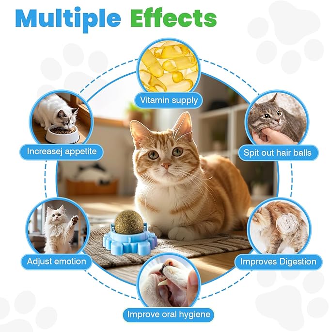 Catnip Balls 4 Pack Wall Mounted Catnip Balls 360° Rotatable Interactive Cat Toys for Indoor Cats Anxiety Relief & Teeth Cleaning Chew Toys