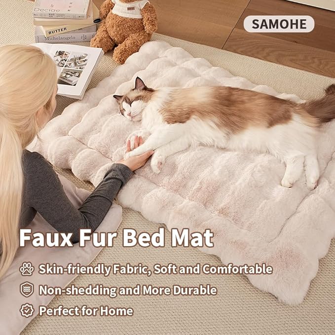 Self-Warming Cat Bed, Plush Faux Fur Pet Bed Mat with Anti-Slip Bottom, Ultra Soft Heated Bed for Cats & Medium Dogs, Cozy Fluffy Pad for Couch & Crate, Machine Washable, 27x20 Inch White
