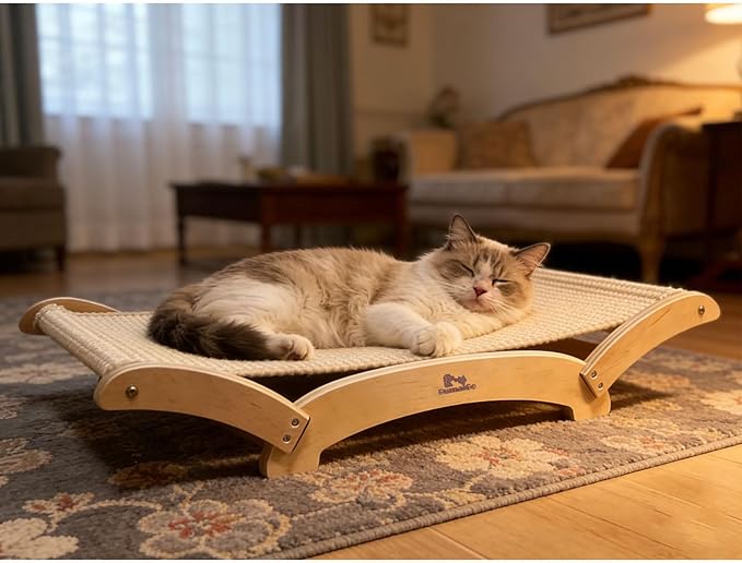 Extra-Large Sisal Cat Scratcher Bed for Indoor Cats, Cat Scratching Post with Hammock Nartural Sisal Scratch Pad for Large Cats Scratcher Lounge Chair, Wooden Cat Furniture