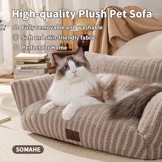 Cozy Couch for Cats Fluffy Pet Sofa with Premium Soft Fleece Fuzzy Cat Beds for Indoor Cat with Removable Washable Cover Supportive Pet Bed 24×18inch Beige
