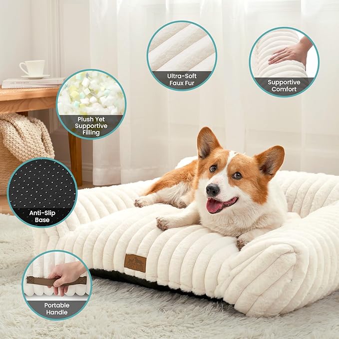 Cute Cat Couch, Fluffy Sofa Bed for Cats and Small Dogs, Premium Faux Rabbit Fur Cats beds for Indoor Cat, Ultra-Soft Supportive Pet Couch Furniture (Cream, M: 31.5''x23.5'')