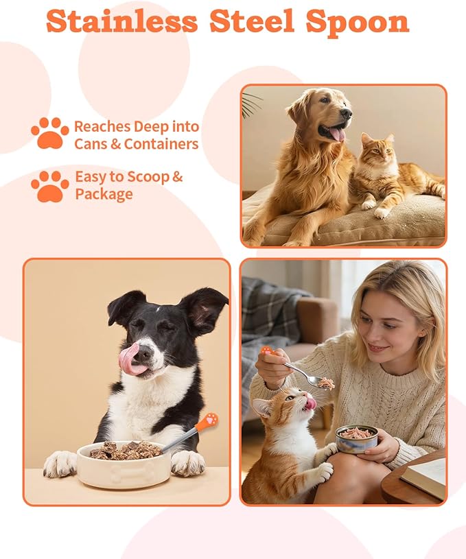 6 PCS Cat Food Can Covers Lids Set, Multi-Function Cat Food Spoon & Silicone Storage Lids with Opener, Cat Bar Squeezer, Stainless Steel Wet Food Spoon for Feeding, Storage and Cats & Dogs (Orange)