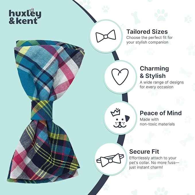 Huxley & Kent Pet Bow Tie for Dogs & Cats - Adjustable Hook & Loop Collar Accessory - Cute & Comfortable for Holidays & Celebrations - Blue Madras, Small