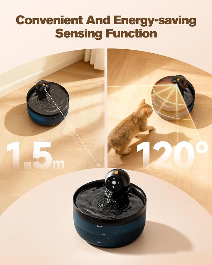 Cat Water Fountain Wireless Cordless: Cat Fountain for Drinking Battery Operated - 88oz/2.6L Black Pet Water Fountain Rechargeable - Quiet Cats Water Bowl Dispenser with Motion Sensor - Small Animals