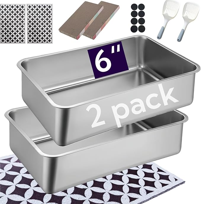 2 pack Stainless Steel Cat Litter Box with High Sides - Metal Cat Pan, Large Indoor Litter Tray, Never Absorbs Odor, Pet Toilet Supplies Smooth Surface for Kitten, Kitty, Rabbit 19.7"x13.8"x6"