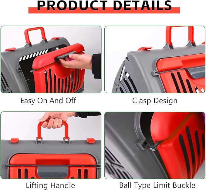 Foldable Travel Cat Carrier, Small Cat Carrier Hard Up to 25lbs, 18" Lx14.5 Wx14 H Front Open Type Plastic Cat Carriers, Red