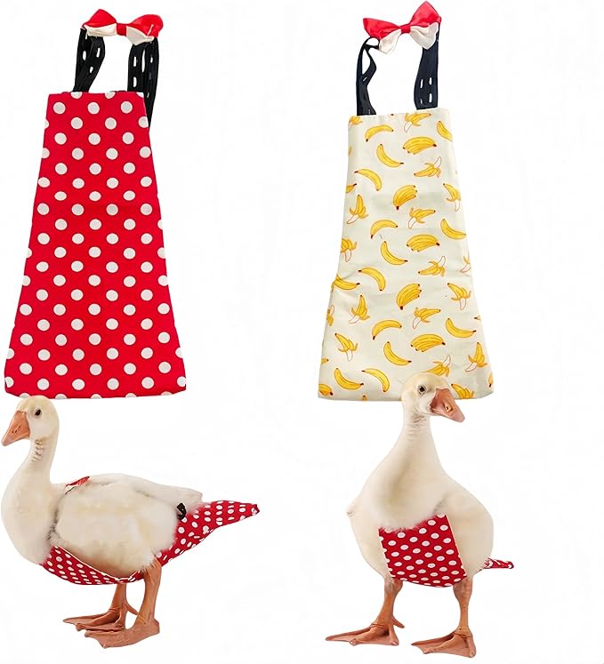 2 Pack Chicken Diapers for Hens, Roosters, Diapers for Ducks, Ducklings, Reusable Pet Diaper with Bow Ties Waterproof Poultry Nappies for Geese Pet Ducks,Red Polka Dots&Banana,M