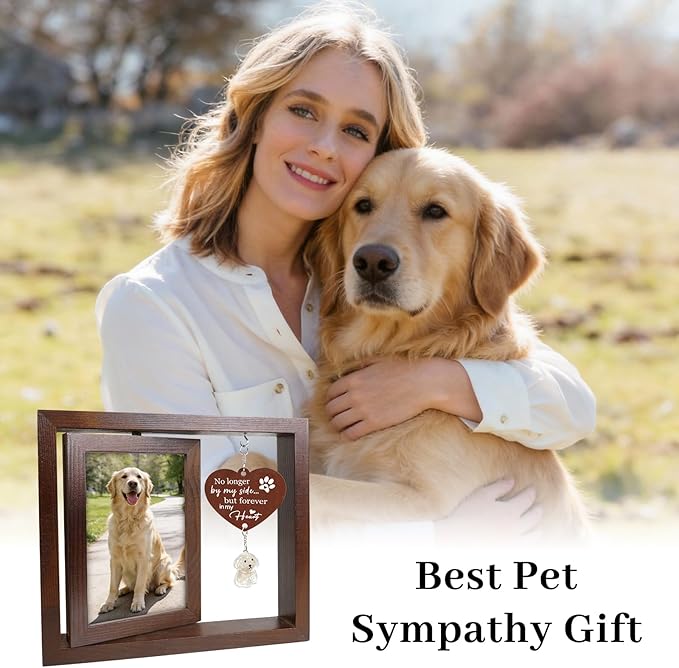 Dog Cat Memorial Picture Frame with Two Pet Shaped Hair Keepsake Bottles, Rotating Wooden Frame for 4x6 Photo, Loss of Dog Sympathy Gift, Pet Memorial Gifts