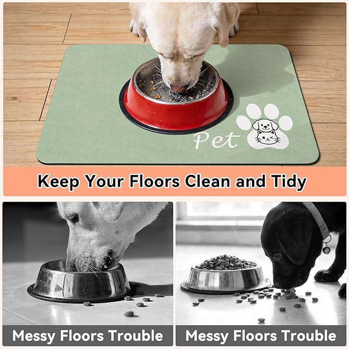 Dog Cat Feeding Mat-Absorbent Pet Bowl Mat for Food and Water, Quick Dry Water Dispenser Mat for Floors with Waterproof Rubber Backing, Puppy Cat Placemat Mats for Messy Drinkers,12"x20",Sage Green