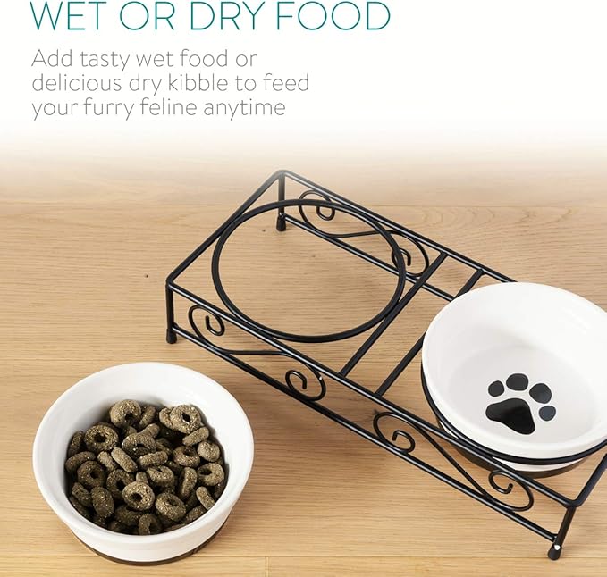 Navaris Ceramic Pet Bowl Set - Food Water Bowls for Cats, Small Dogs and Puppies with Non-Slip Retro Metal Stand - Set of Bowls, 10.8 oz Each