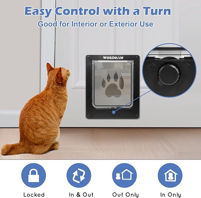 Wordcam Large Cat Door(Outer Size 10.7'' x 9.5''), Robust Cat Door for Interior Exterior Doors, 4 Way Lockable Cat Flap Door, Pet Door for Cats Kitty Kittens Doggies (Black, L)